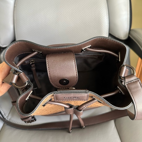 Calvin Klein Coated Canvas w/Leather Bucket CrossbodyBag, Brown/Tan Color - Picture 12 of 13